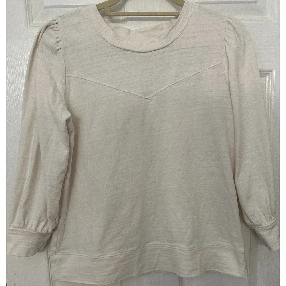 LOFT Ivory 100% Cotton Knit Crew Neck Puff Sleeve Blouse Womens Size M RN140923